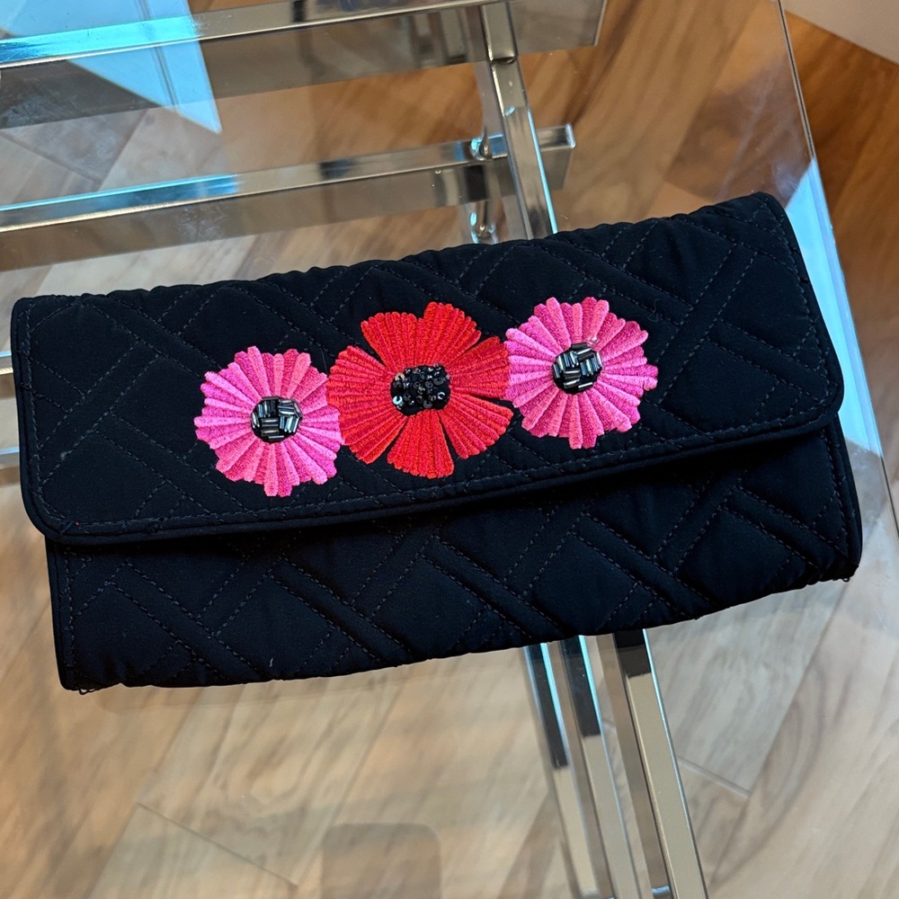 Vera Bradley Celebration Clutch Black Quilted Crossbody Pink Blossoms Embroidery